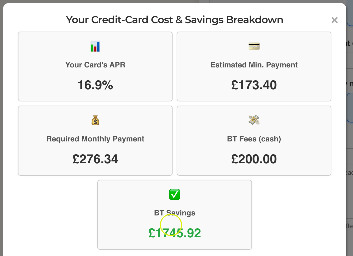 Credit Card Calculator Results Screenshot including Balance Transfer Savings