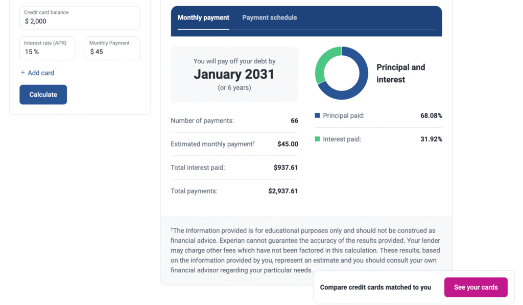 Experian Credit Card calculator
